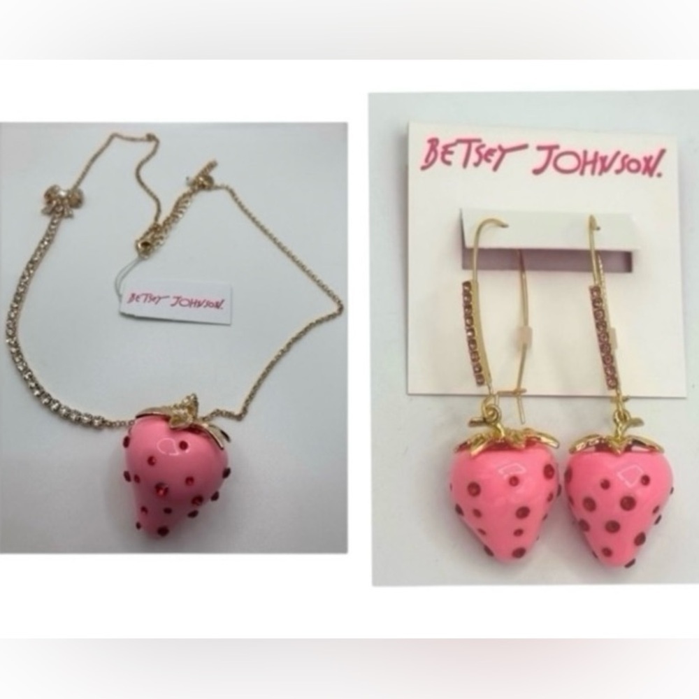 BETSEY JOHNSON SET Enamel & Crystals Pink Strawberry Necklace & Earrings NEW NWT